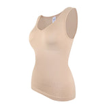 Women's sleeveless shapewear tank top with wide straps, V-neck, and tummy control compression fit