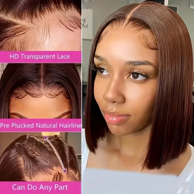 #4 brown 13x4 human hair bob wig with pre-plucked transparent lace and straight style, HSF Marketplace