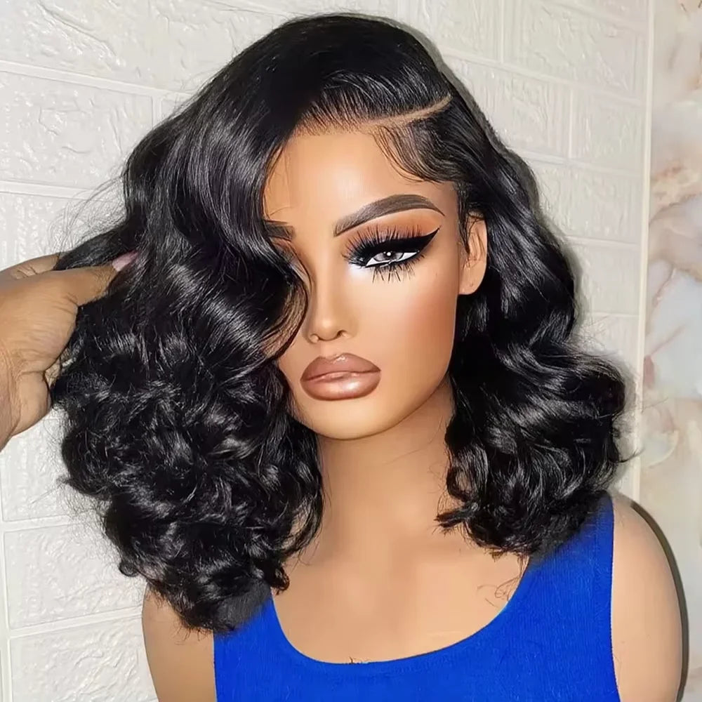 Short bob 250% density 13x4 HD lace front human hair wig in loose body wave style