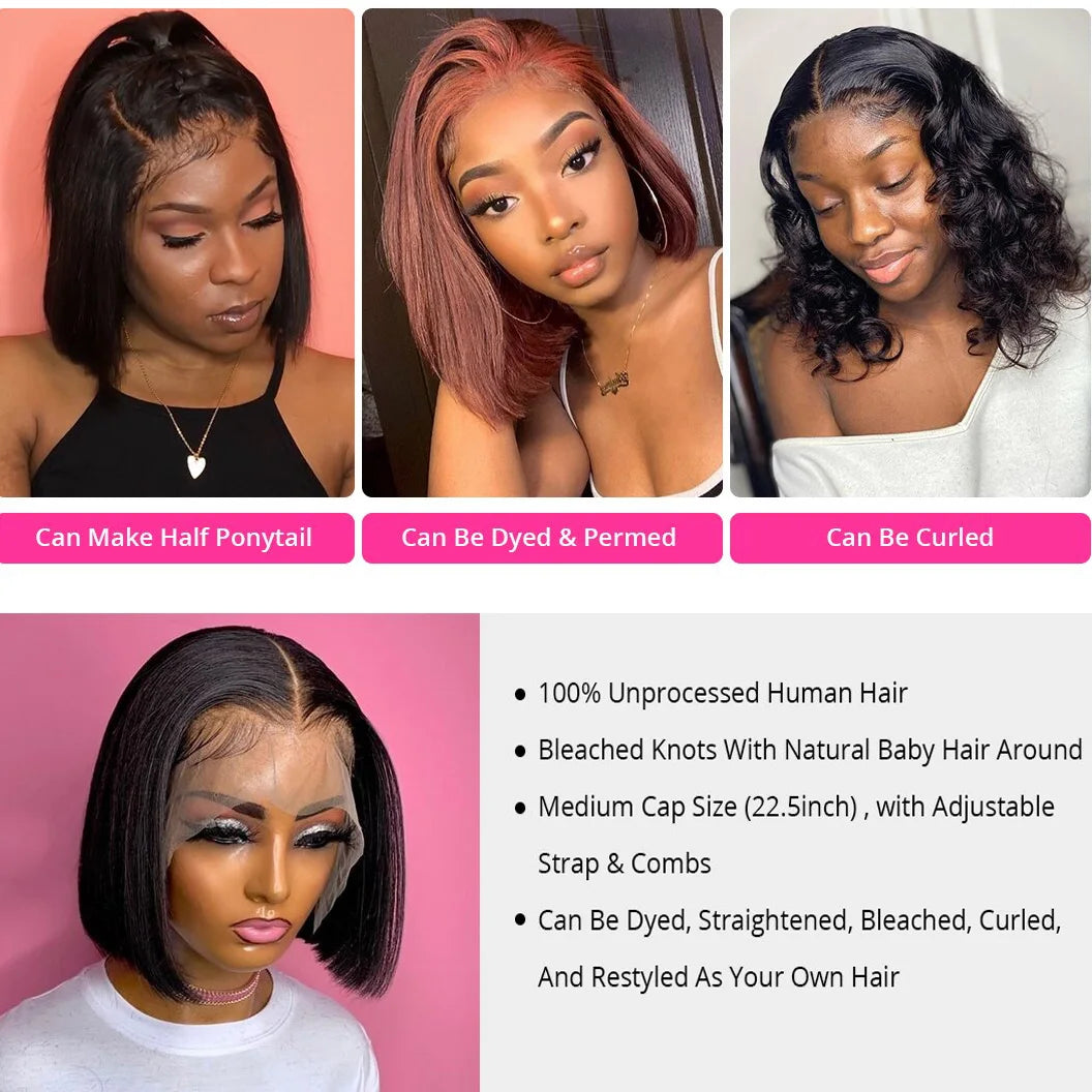 13x4 bone straight bob wig, transparent lace front human hair wig for women, natural black style