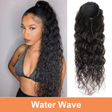 Water wave wrap-around drawstring ponytail human hair extension, long clip-in hairpiece for women