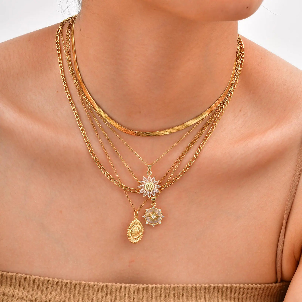 Stainless steel spiral sunflower pendant necklace for women, 18K gold-plated, stackable boho jewelry, waterproof fashion accessory