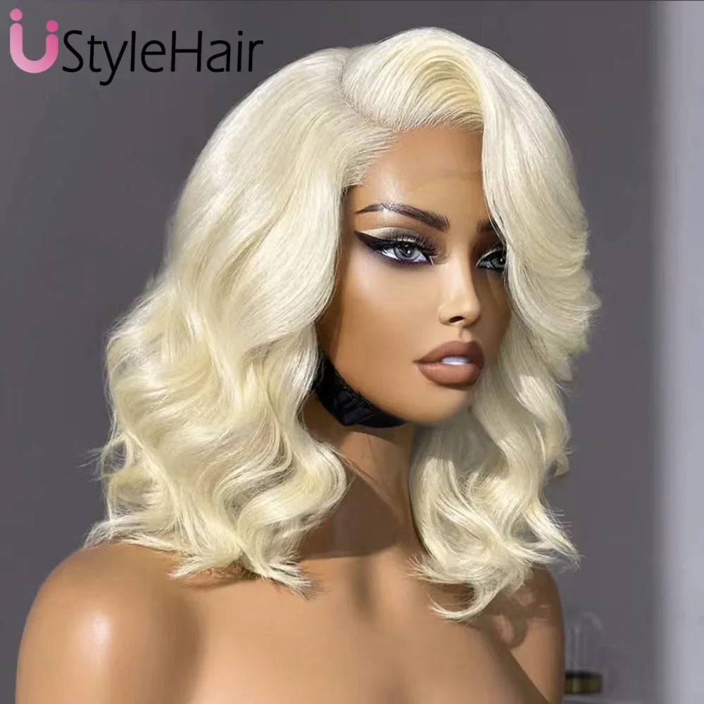 UStyleHair 613 Blonde Bob Lace Hair Lace Front Short Wave Wig Side Part Synthetic Front Wig Heat Resistant Synthetic Hair Daily