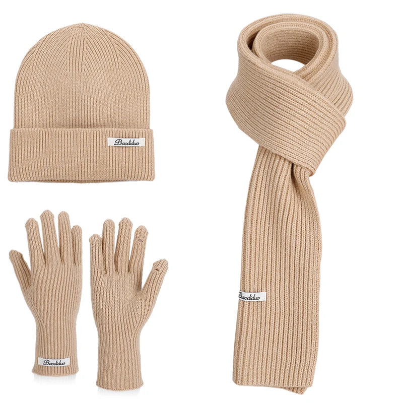 HSF Marketplace warm knitted wool hat, gloves and scarf set in coordinating winter colors
