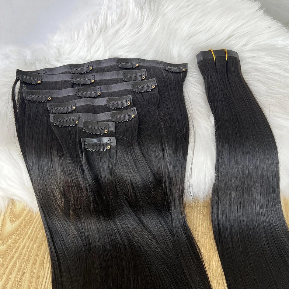 Raw unprocessed 100g seamless clip-in human hair extensions, 7-piece long straight PU weft in #1B natural color