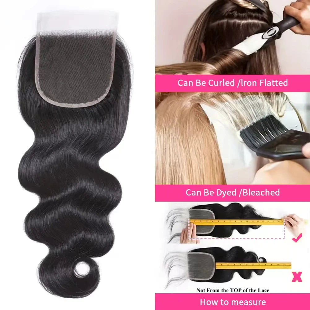 5X5 Body Wave 3/4 Bundles with 4X4 Lace Closure Human Hair Extensions for Women Natural Black Big Wave Human Hair Easy to Wear for Women'S Daily Styling