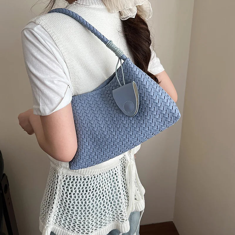 Korean woven shoulder bag for women by HSF, stylish versatile handbag with textured woven design