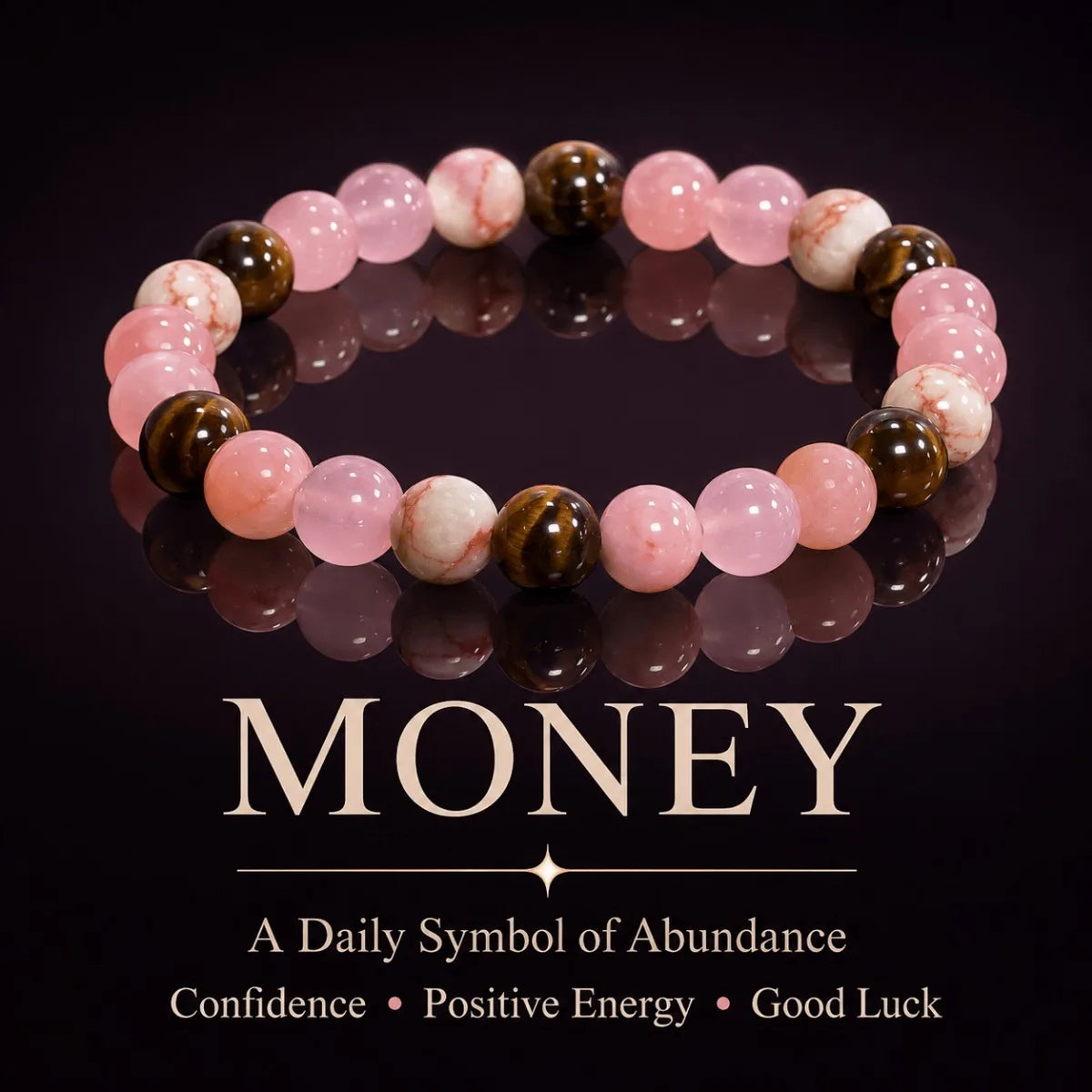 Pink Brown Beaded Bracelet, Round Elastic Bracelet with Tiger Eye Style and White Marble Pattern Beads, Daily Wear Jewelry Gift