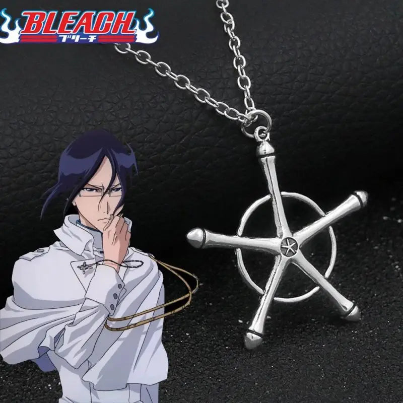 Anime Bleach Quincy Ishida Uryuu metal pendant necklace featuring a detailed amulet design for cosplay or jewelry collection.