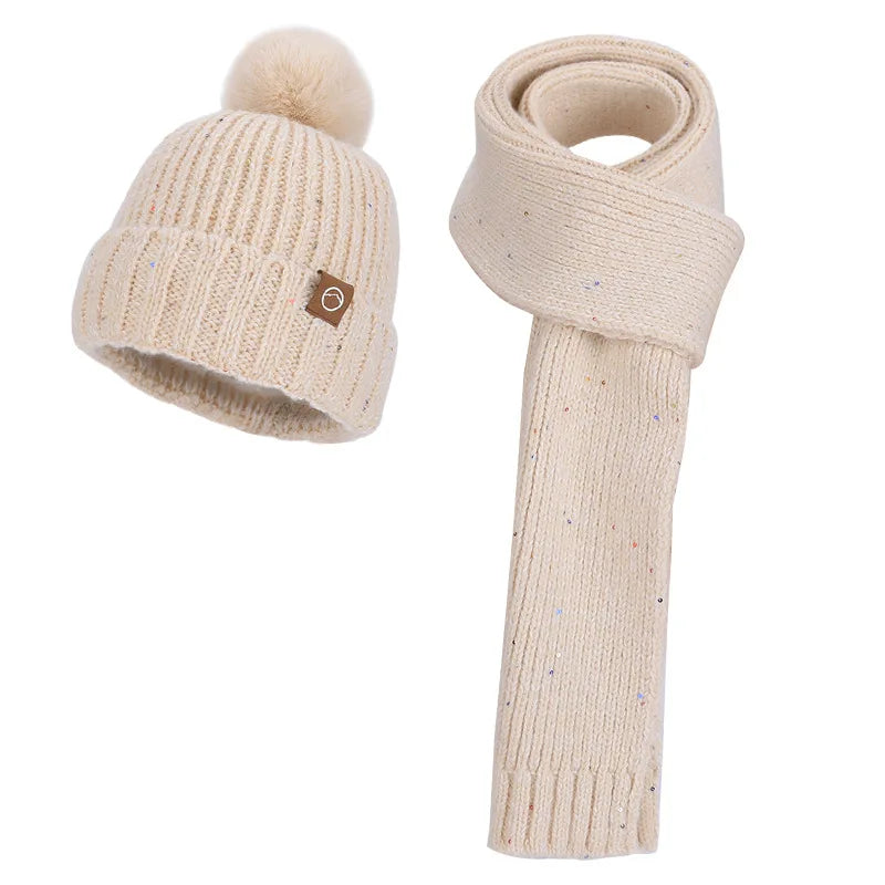 Women's wool knit neck scarf, gloves and cap set in warm winter style