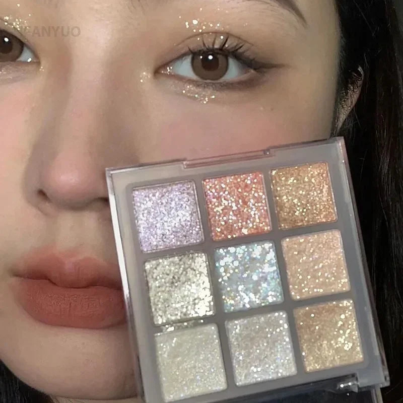 9-color glitter eyeshadow palette with earth tones, pearlescent shimmer, and sparkling blue-purple shades by HSF Marketplace