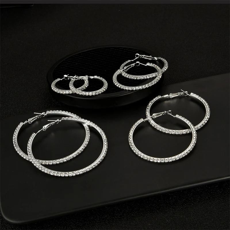 Large crystal hoop earrings, 30–100mm CZ hip hop jewelry with sparkling basketball-style design