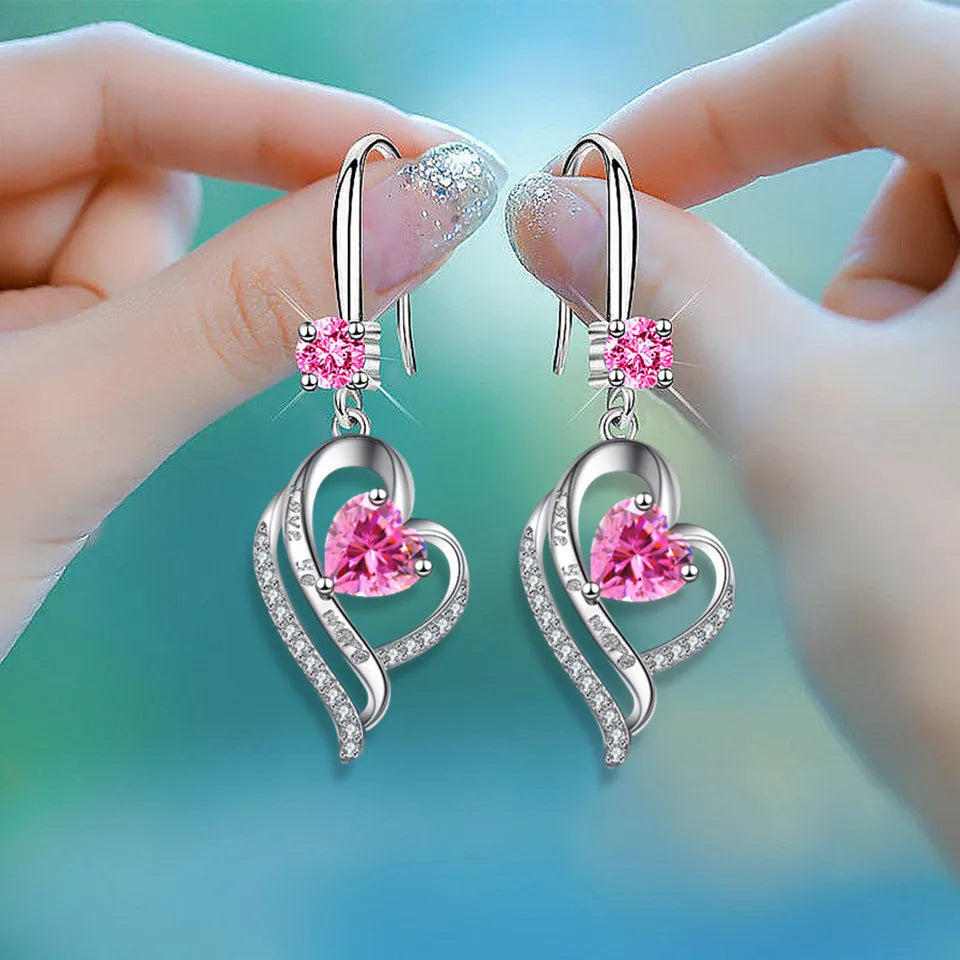 Silver heart drop earrings with colorful zircon for women by HSF Marketplace