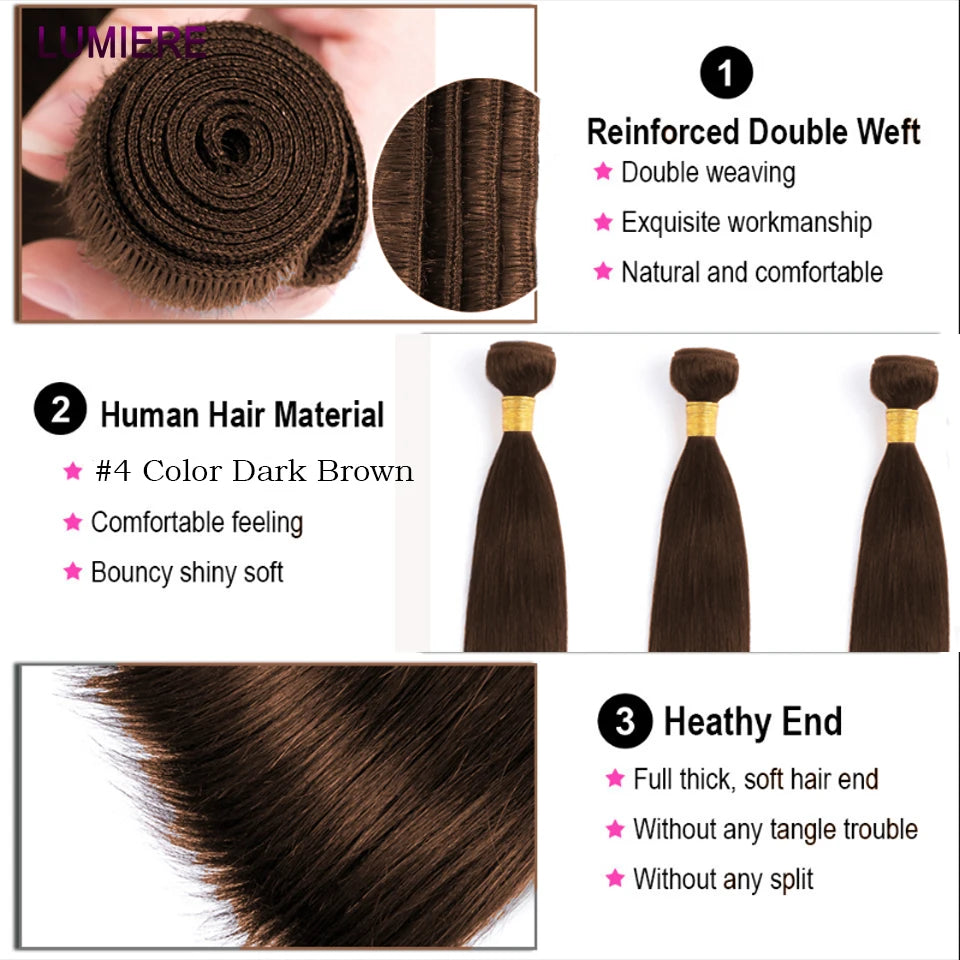 Chocolate Brown 20A Brazilian Bone Straight Bundles With Closure Human Hair Bundles With Frontal HD Transparent Loose Deep Hair Weave Extensions Afro Kinky Yaki Straight Curly Wave Bundles With Closure Frontal Brazilian Virgi