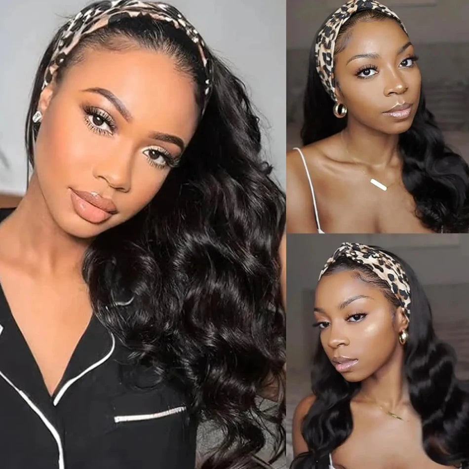 30-inch Brazilian human hair headband wig with body wave texture, 250% density, ready-to-wear style