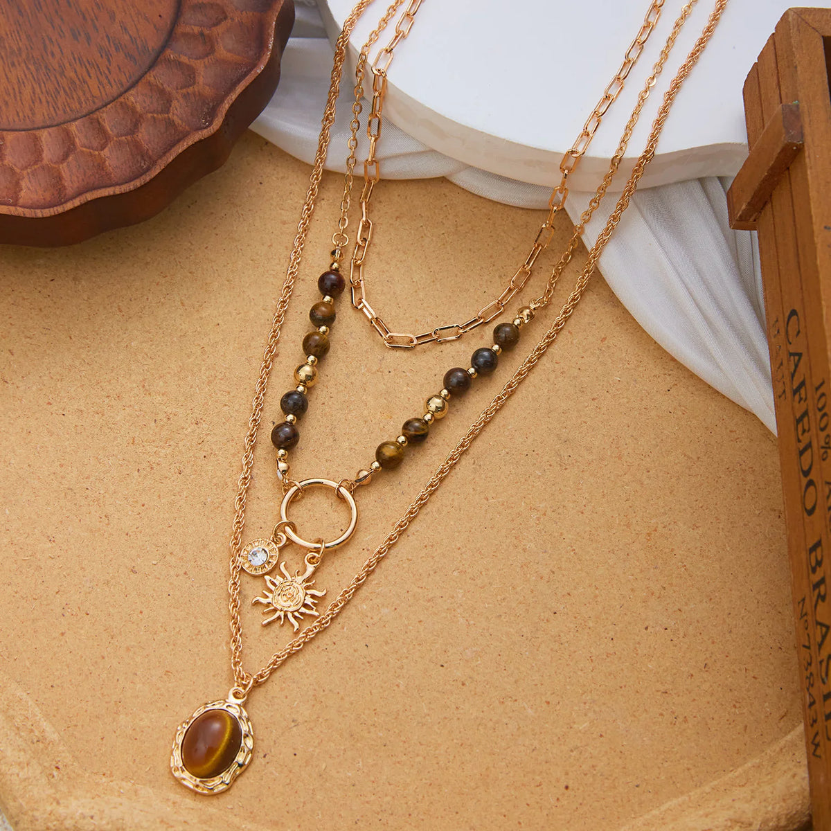 Retro 3 Layers Gold Plated Tiger Eye Stone Necklace For Women Boho Sun Zircon Sun Pendant Beaded Stackable Choker Party Jewelry