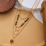 Retro 3 Layers Gold Plated Tiger Eye Stone Necklace For Women Boho Sun Zircon Sun Pendant Beaded Stackable Choker Party Jewelry