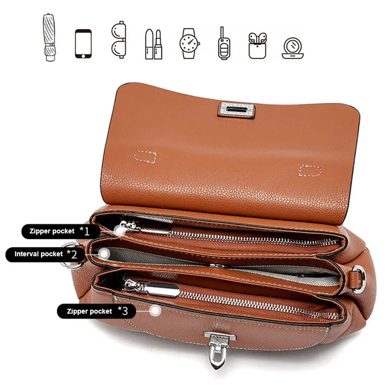 Luxury genuine leather women's crossbody handbag with adjustable strap and classic design