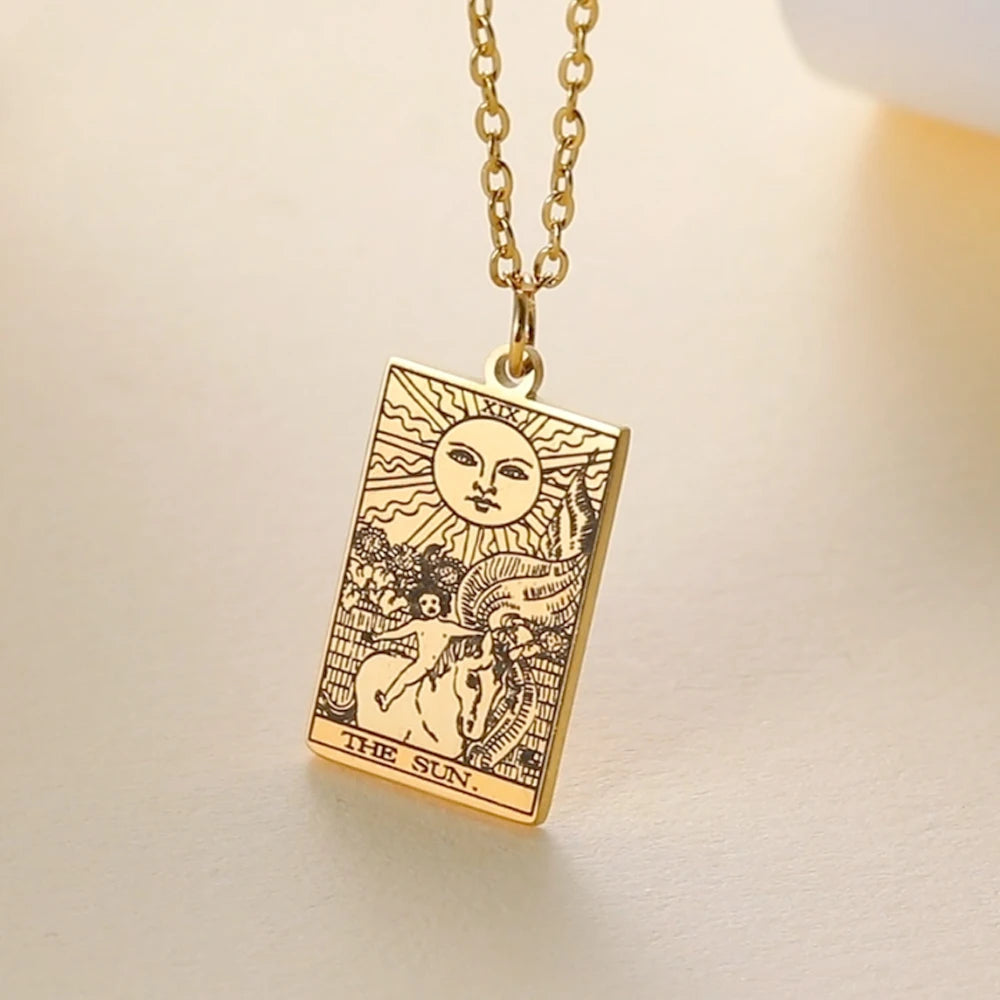 Dawapara Tarot Cards necklace for women, stainless steel jewelry featuring classic Major Arcana tarot card charm for divination.