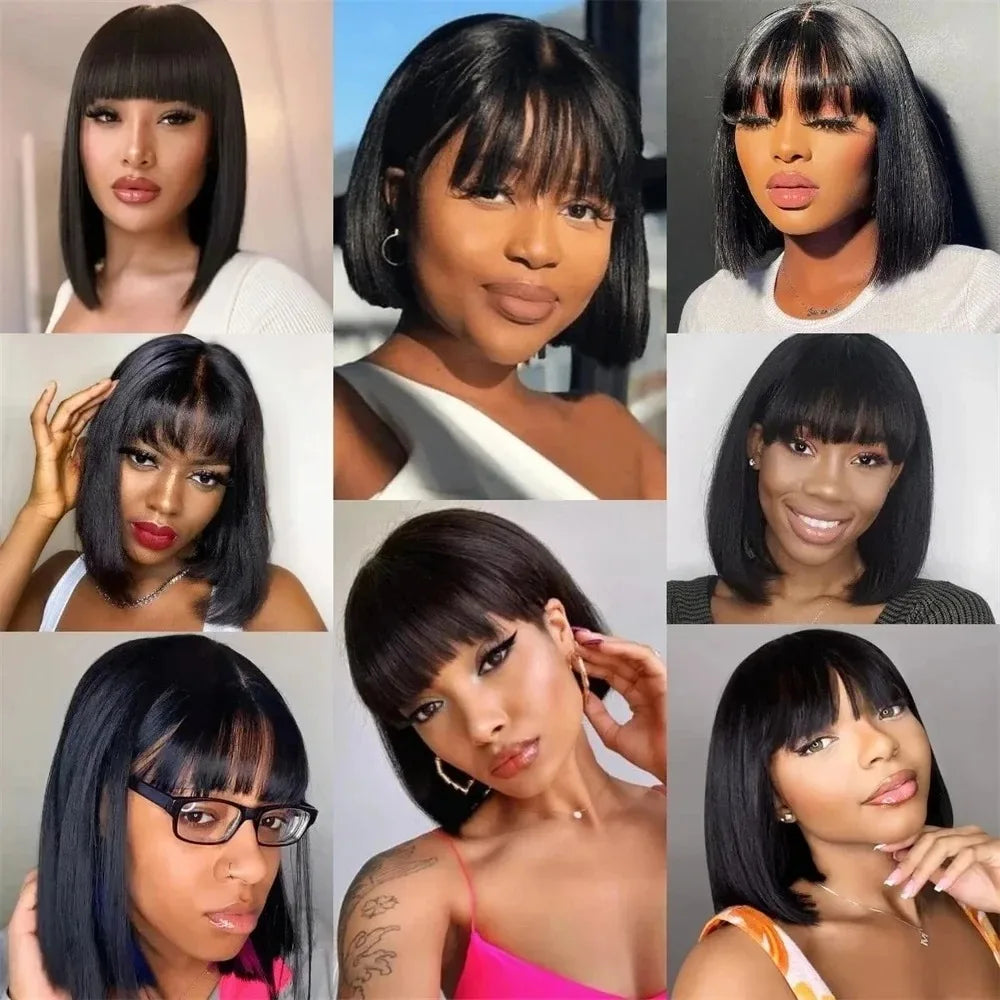 Short straight bob human hair wig with bangs, 3x1 lace middle part, machine-made natural black wig for Black women
