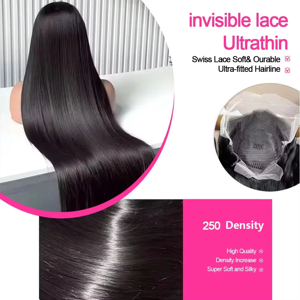 250 density Brazilian human hair wig with 13x4 HD transparent lace frontal and bone straight style for women