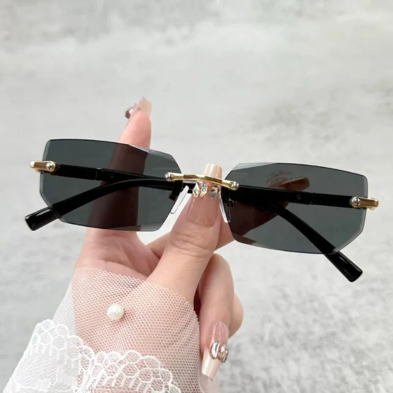 Rimless rectangular fashion sunglasses for women and men, stylish small sun shades by HSF Marketplace, ideal for travel and outdoor wear.