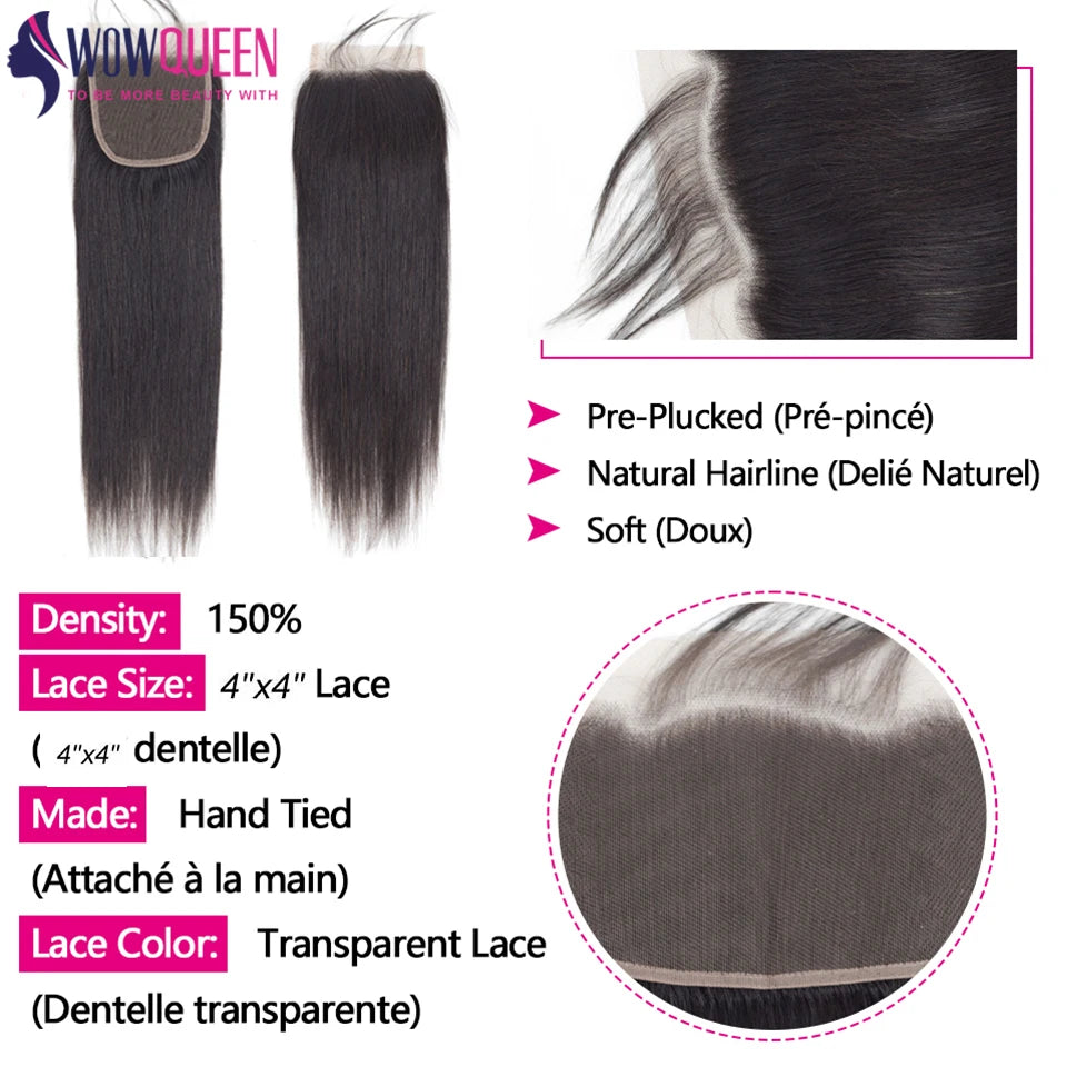 Straight human hair bundles with 4x4 closure, 22, 24, 26 inches, showing bundles and closure with natural black color.