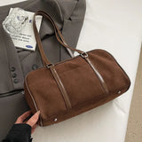 Large brown suede handbag for women with shoulder strap, stylish retro design, suitable for autumn and winter casual outings.
