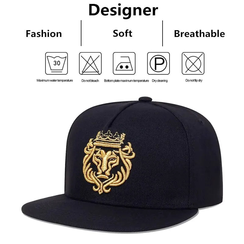 Unisex lion crown embroidered hip-hop baseball cap for sun protection, front view