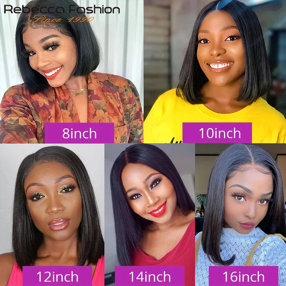 Rebecca black bob wig by HSF Marketplace, human hair lace front wig with reddish brown color, straight Peruvian hair, T lace part