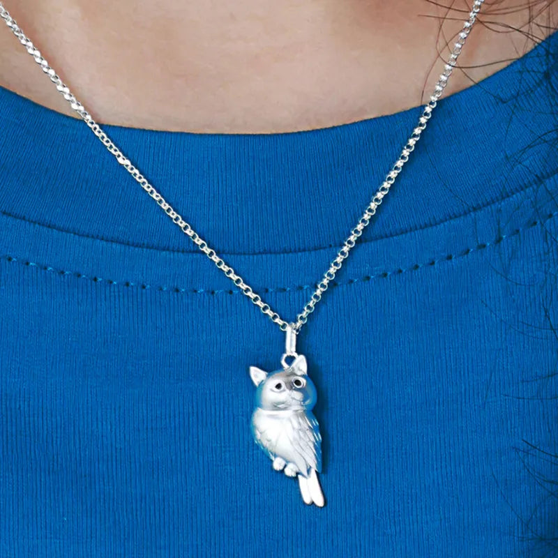 Golden and silver textured 3D owl necklace pendant for women, featuring a cute and fashionable animal design without chain.