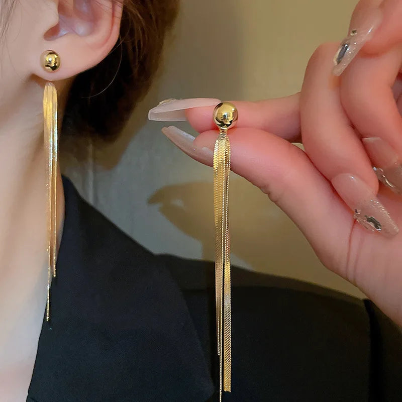 Classic metallic long tassel dangle earrings for women, simplicity drop banquet jewelry accessories