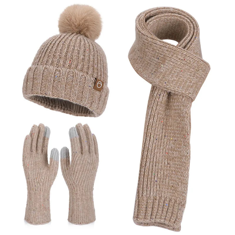 Women's wool knit neck scarf, gloves and cap set in a warm winter design