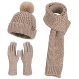 Women's wool knit neck scarf, gloves and cap set in a warm winter design