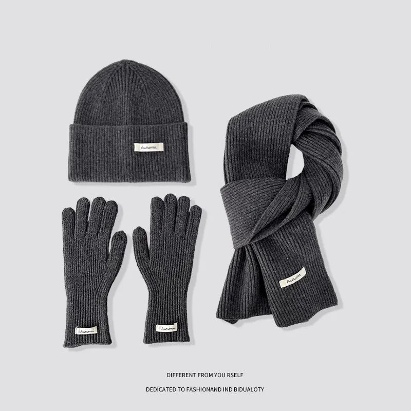 Women's winter warm knitted hat, scarf, and gloves set in a coordinated design