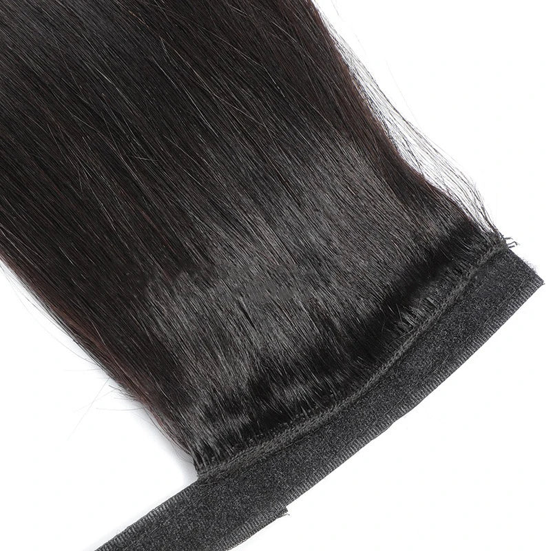 Straight Velcro ponytail human hair extensions, 100% Brazilian Remy hair clip-in for women, natural color