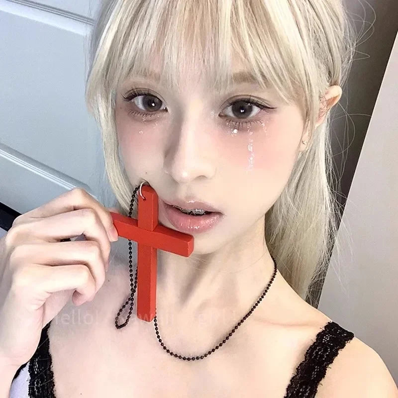 Black and white gothic wood cross pendant necklace with a punk Y2K style choker, perfect for hip hop fashion and jewelry gifts