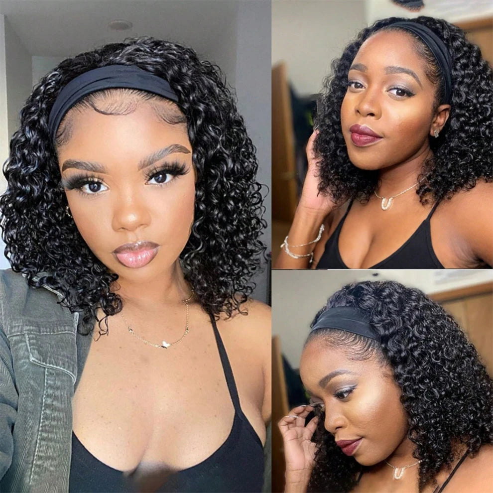 Brazilian kinky curly headband wig, short bob water wave human hair wig for women, 200% density