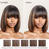 Highlighted short bob wig with bangs, straight Brazilian Remy human hair, 3x1 lace, glueless, for women, 8-14 inches.