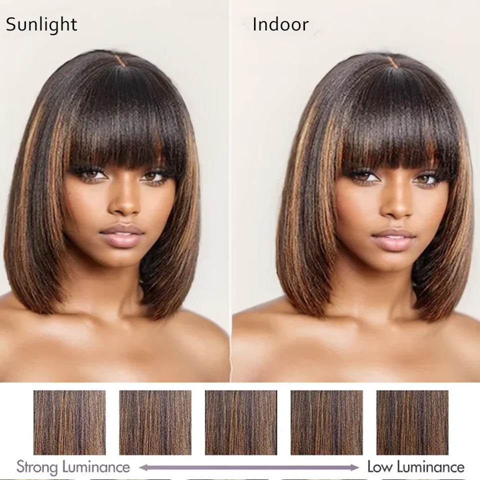 Highlighted short bob wig with bangs, straight Brazilian Remy human hair, 3x1 lace, glueless, for women, 8-14 inches.