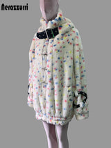 Women's colorful faux fur coat with hood, thick warm fluffy punk-style jacket by Nerazzurri