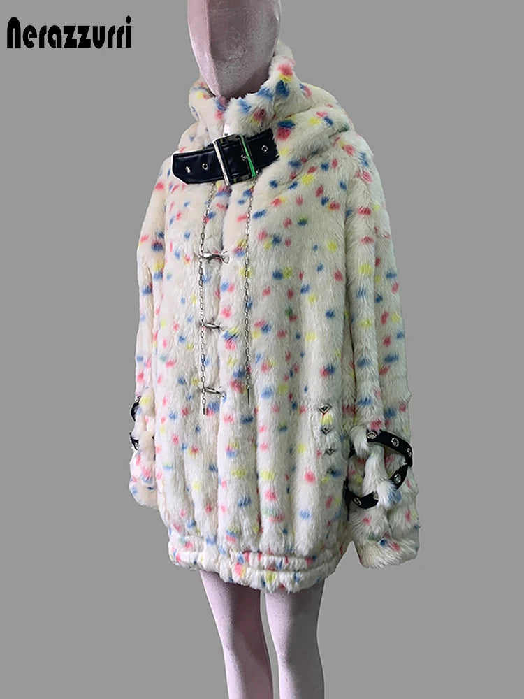 Women's colorful faux fur coat with hood, thick warm fluffy punk-style jacket by Nerazzurri