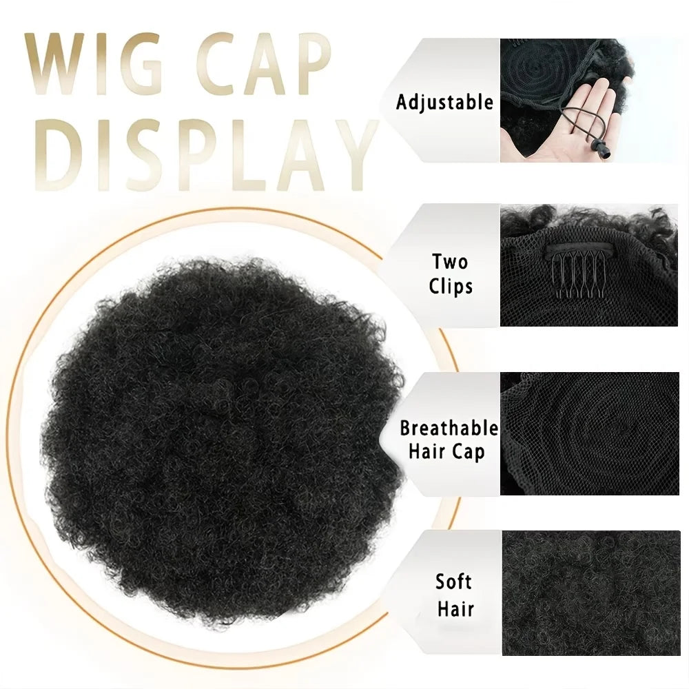 Black short voluminous kinky afro puff drawstring ponytail bun human hair chignon by HSF Marketplace