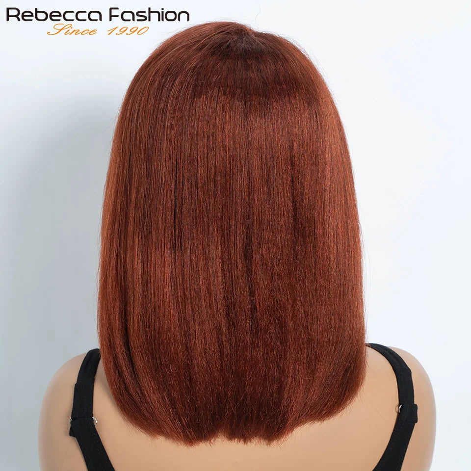 Reddish brown 14-inch kinky straight bob lace wig from HSF Marketplace featuring natural hairline and side part in black color