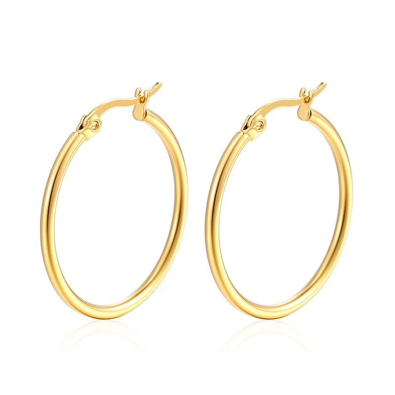 Classic stainless steel hoop earrings for women, 30–80mm sizes, polished circular design
