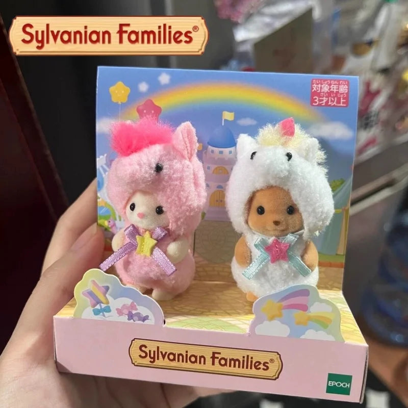 Sylvanian Families Christmas set with anime figures, robot unicorn attack toy, and festive party doll accessories