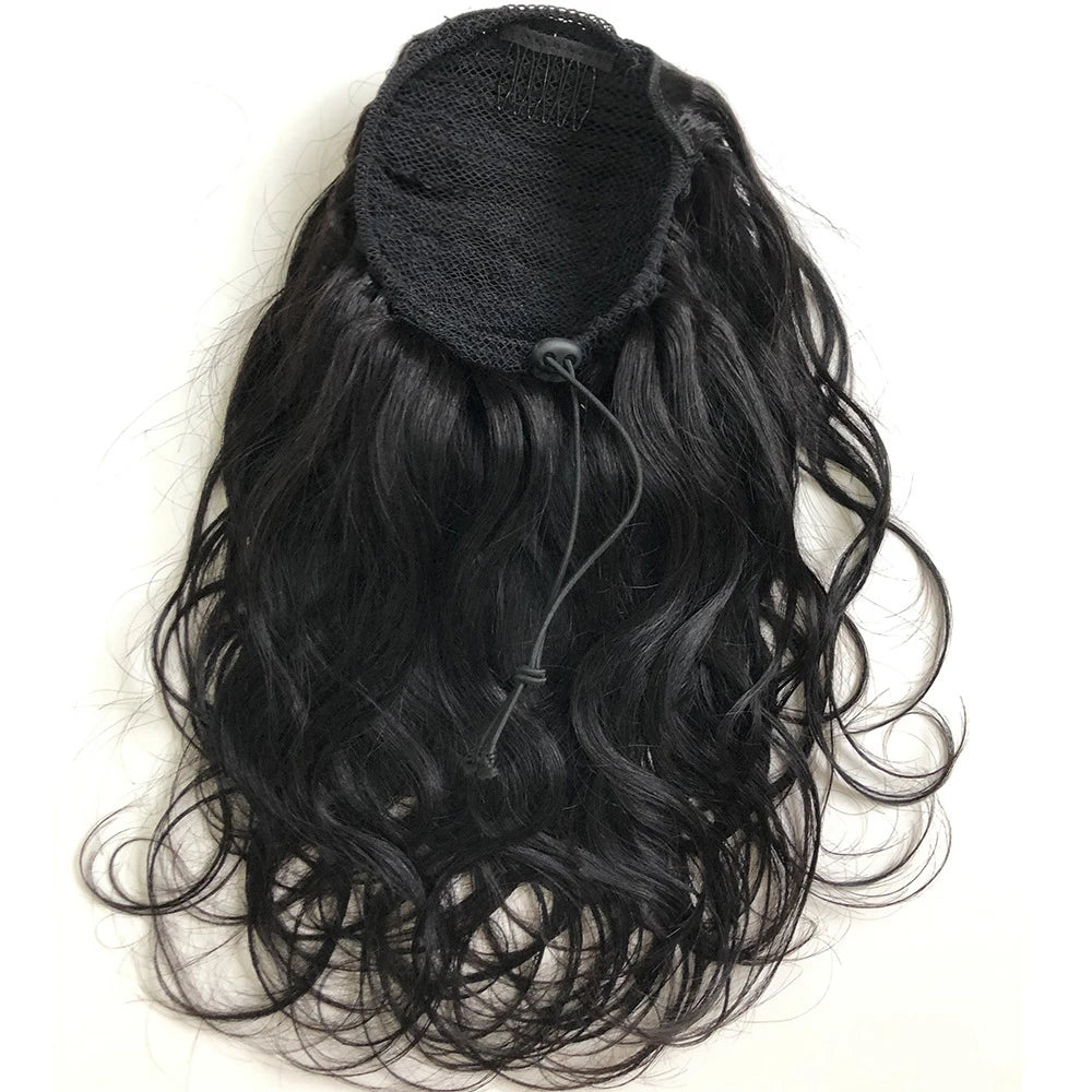 Brazilian human hair body wave drawstring ponytail extensions, natural wave clip-in style, 10–28 inches