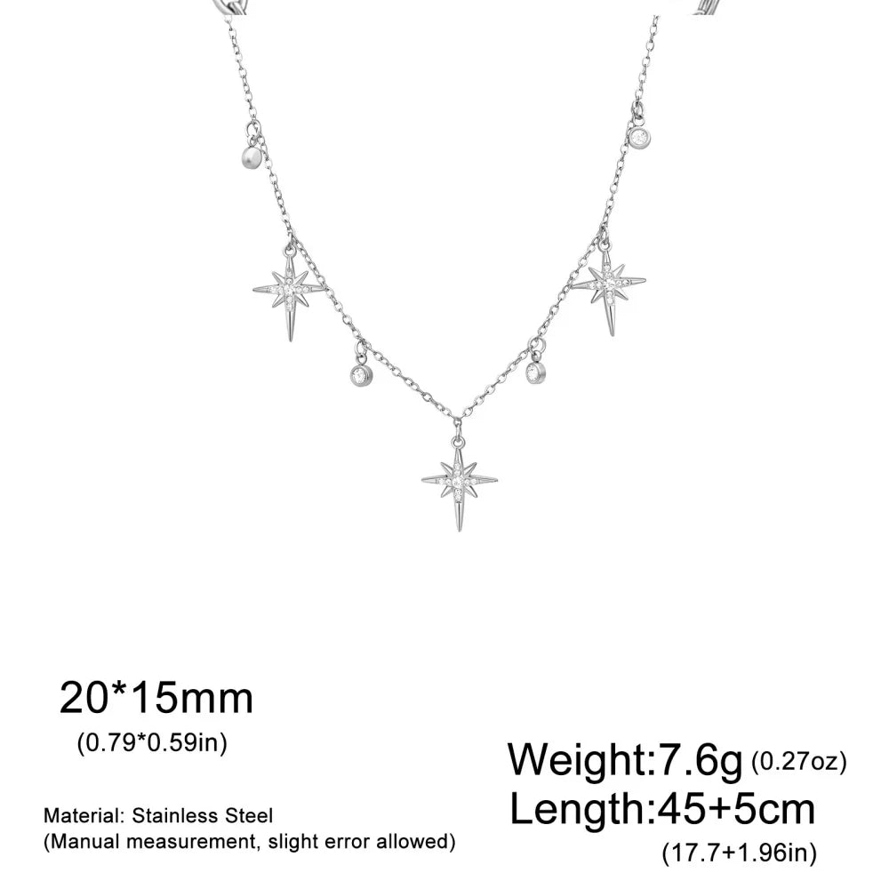 Gold stainless steel North Star pendant necklace for women featuring zircon accents, waterproof jewelry with clavicle chain design.