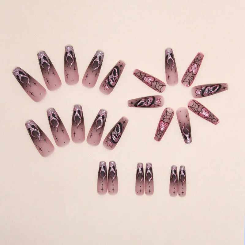 24pcs glitter pink sequins press-on false nails with Halloween skull and love print designs by HSF Marketplace