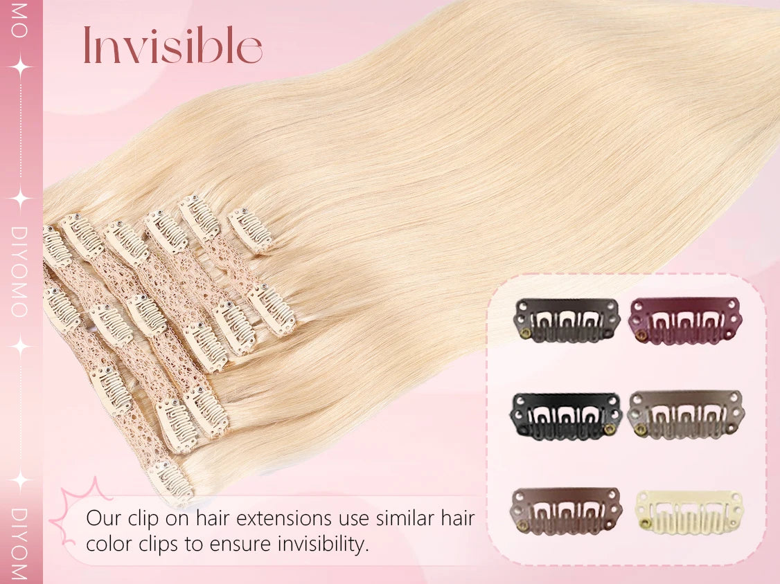 DIYOMO natural black straight PU clip-in hair extensions, 100% human hair with 7 seamless invisible wefts